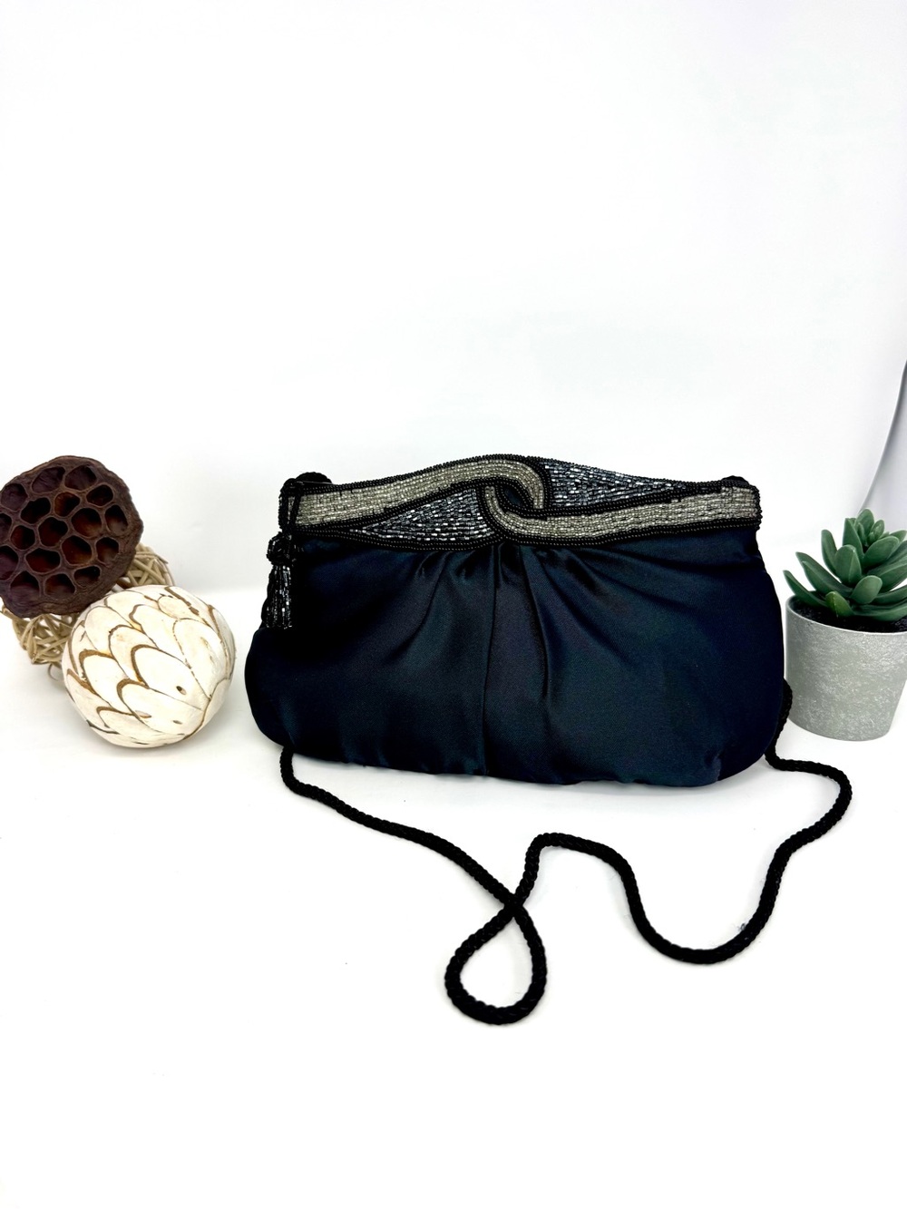 Vintage Black Evening Crossbody Bag with Beaded Trim